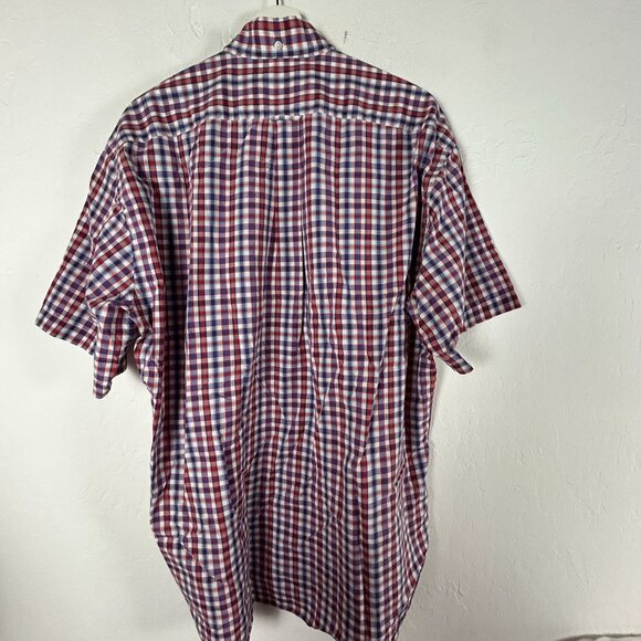 Faconnable Mens Red Blue Checkered Short-Sleeve Button-Down Shirt Large Cotton - Picture 2 of 7